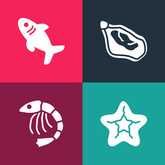 Set pop art Starfish, Shrimp, Mussel and Shark icon. Vector