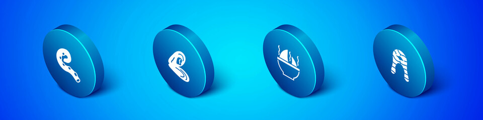Set Isometric Octopus of tentacle, Shark fin soup, Fish steak and Mussel icon. Vector