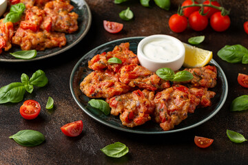 Greek tomato fritters, tomatokeftedes served with yogurt on plate.