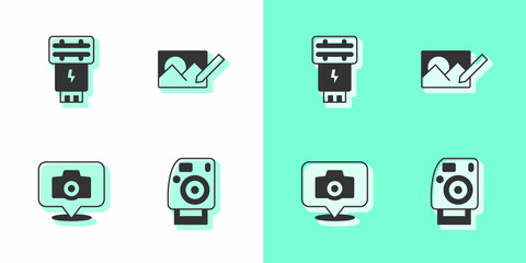 Set Photo camera, flash, and retouching icon. Vector