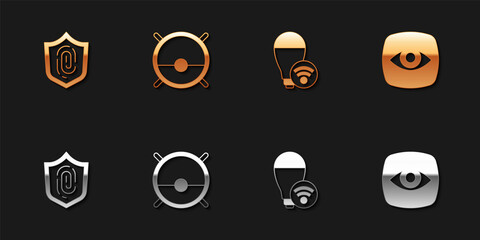 Set Fingerprint, Robot vacuum cleaner, Smart light bulb and Security camera icon. Vector