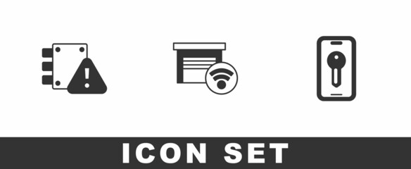 Set House under protection, Smart garage and key icon. Vector