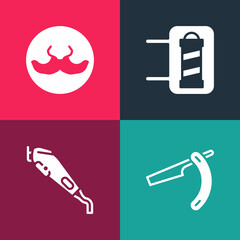 Set pop art Straight razor, Electrical hair clipper, Barber shop pole and Mustache icon. Vector