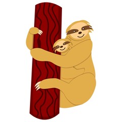 Sloth mum and baby hanging on a branch isolated. Cute and funny. Flat cartoon style. Nature and ecology. Southern and Central America fauna. Amazonia animal. Post card, poster, graphic design, textile