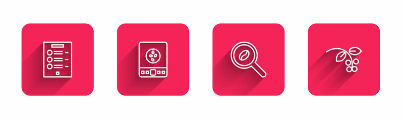Set line Coffee menu, Electronic coffee scales, Selection beans and bean, branch with long shadow. Red square button. Vector