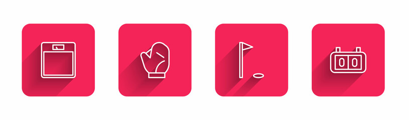 Set line Bathroom scales, Baseball glove, Golf flag and Sport mechanical scoreboard with long shadow. Red square button. Vector