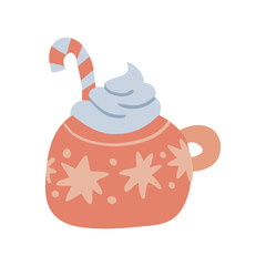 Hot chocolate with Christmas Candy Cane and whipped cream in red cute mug with snowflakes or stars. Vector flat hand drawn Illustration. Only 5 colors - Easy to recolor.