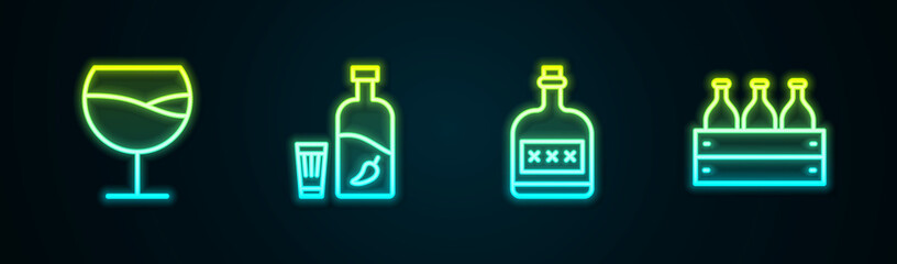 Set line Wine glass, Vodka with pepper and, Alcohol drink Rum bottle and Bottles of wine wooden box. Glowing neon icon. Vector
