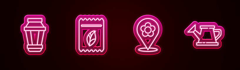 Set line Garden light lamp, Pack full of seeds of plant, Location with flower and Watering can. Glowing neon icon. Vector