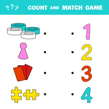 Count and match game. Count the amount of items of board games and match with right numbers. Educational math game for kids. Learning to count
