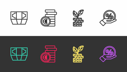 Set line Stacks paper money cash, Coin with euro symbol, Dollar plant and Discount percent tag on black and white. Vector
