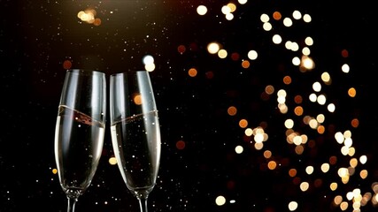 Super slow motion of toasting champagne flutes. Two glasses with sparkling champagne and golden bokeh glow, black background.