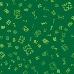 Set line Photo camera, Picture landscape and Joystick for arcade machine on seamless pattern. Vector