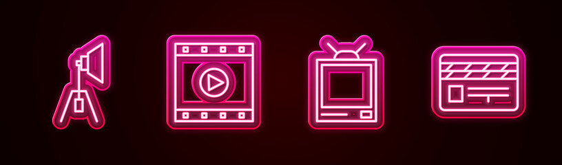 Set line Movie spotlight, Play Video, Retro tv and clapper. Glowing neon icon. Vector