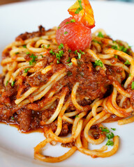 close-up spaghetti bolognese