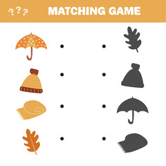 Matching game. Find the correct shadow of autumn items. Game for children. Educational math game for kids.