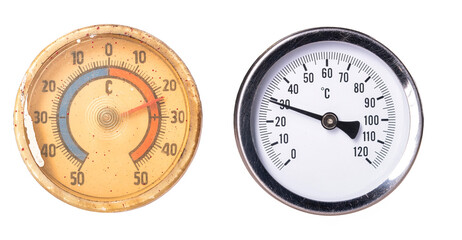 Thermometer for measuring the temperature old and new on an isolated background.