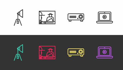 Set line Movie spotlight, Online play video, Movie, film, media projector and on black and white. Vector