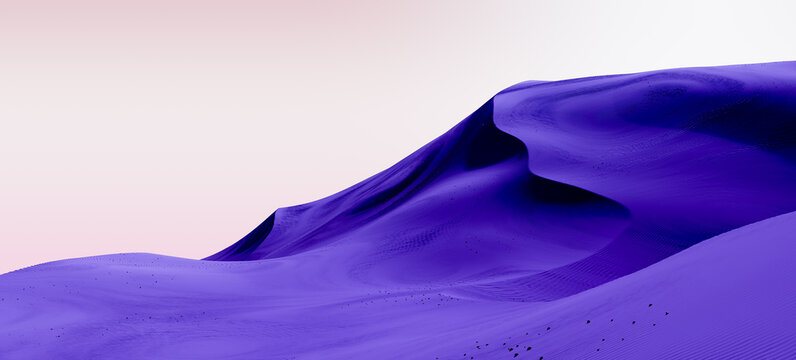 Dark blue dunes and pink sky. Desert dunes landscape with contrast skies. Minimal abstract background. 3d rendering