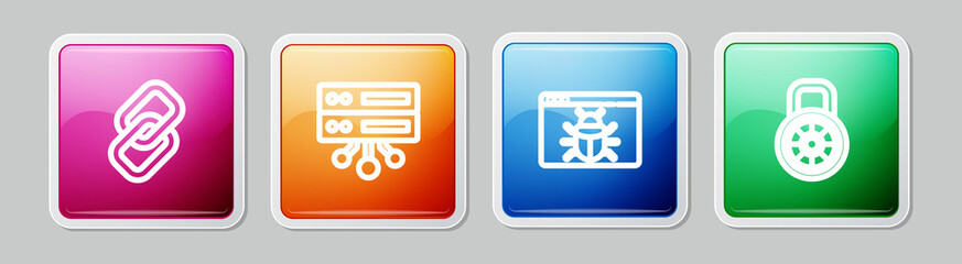 Set line Chain link, Server, Data, Web Hosting, System bug and Safe combination lock. Colorful square button. Vector