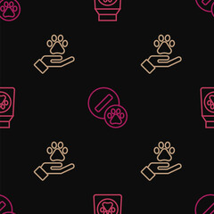 Set line Bag of food, Hands with animals footprint and Dog pill on seamless pattern. Vector