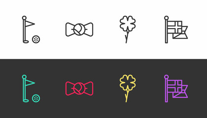 Set line Golf flag, Bow tie, Four leaf clover and England on flagpole on black and white. Vector