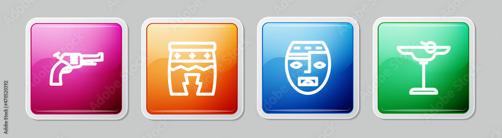 Sticker Set line Revolver gun, Huehuetl, Aztec mask and Margarita cocktail. Colorful square button. Vector