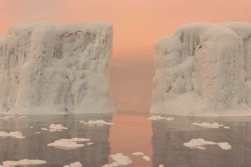3d rendering of break apart icebergs in front of beautiful sky