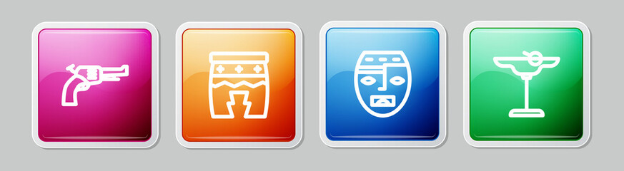 Set line Revolver gun, Huehuetl, Aztec mask and Margarita cocktail. Colorful square button. Vector