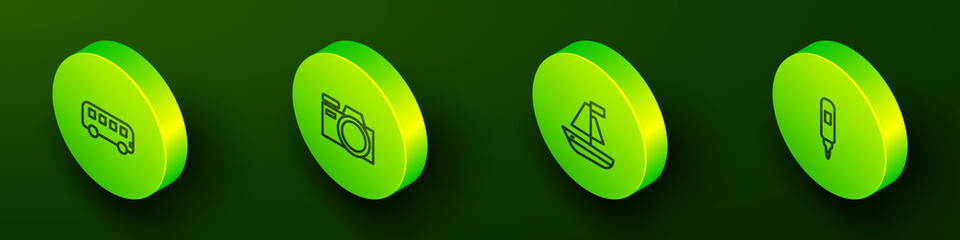 Set Isometric line Bus toy, Photo camera, Toy boat and Marker pen icon. Vector