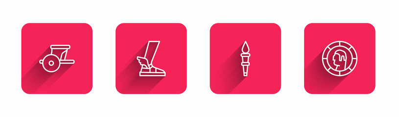 Set line Ancient chariot, Hermes sandal, Torch flame and Greek coin with long shadow. Red square button. Vector