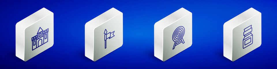 Set Isometric line Castle, fortress, Medieval spear, Target with arrow and Poison in bottle icon. Vector