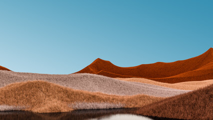 Fototapeta na wymiar Surreal mountains landscape with orange, beige peaks and blue sky. Minimal modern abstract background. Shaggy surface with a slight noise. 3d rendering