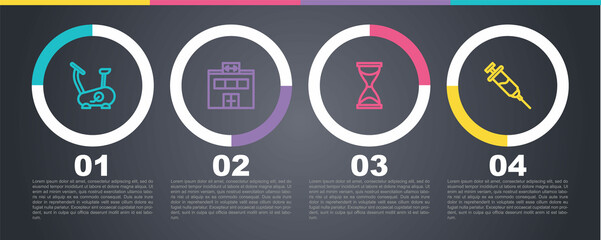 Set line Stationary bicycle, Gym building, Old hourglass and Doping syringe. Business infographic template. Vector