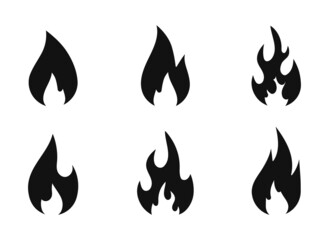 Fiery flame icon set. Fire vector icons. Hot flaming elements. Campfire pictogram. Simple icons. Design elements collection.