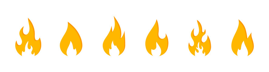 Fiery flame icon set. Fire vector icons. Hot flaming elements. Campfire pictogram. Simple icons. Design elements collection.