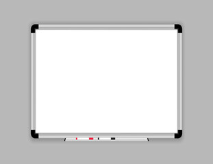 Realistic whiteboard. Empty office whiteboard with marker pens. Mock up white magnetic board. School blackboard and chalkboard. Space for your text and design. Vector illustration.