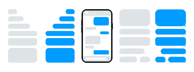 Smart Phone with chatting. Smartphone with blue message bubbles. Speech bubbles for chat. Text sms template bubbles. Messenger conversation mockup. Messenger interface. - obrazy, fototapety, plakaty