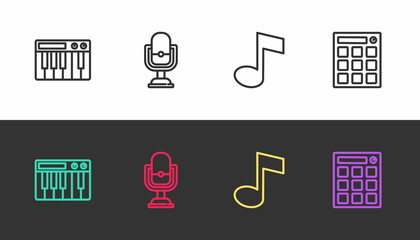 Set line Music synthesizer, Microphone, note, tone and Drum machine on black and white. Vector