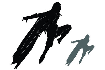 a black silhouette of a character on a white background. Japanese ninja in a hood and a long raincoat in a dynamic pose. he is wearing black casual clothes and boots with gloves on his hands. 2d art © Николай Акатов