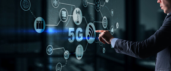 5G Network Wireless Internet concept. Man touching 3D icon 5G