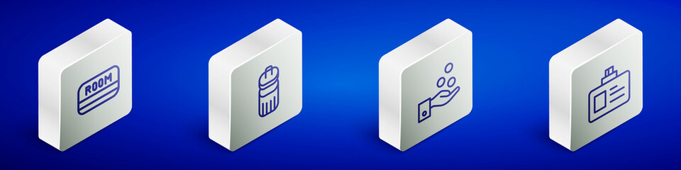 Set Isometric line Hotel key card, Trash can, Paying tips and Identification badge icon. Vector
