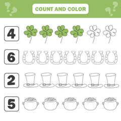 Count and color game for preschool children - Saint Patrick Day. Worksheet for the development of mathematical abilities. Coloring book for kids