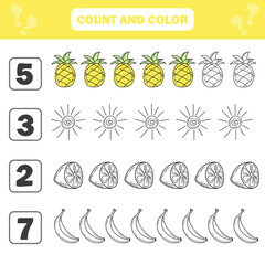 Count and color game for preschool children - summer items and fruits. Worksheet for the development of mathematical abilities. Coloring book for kids
