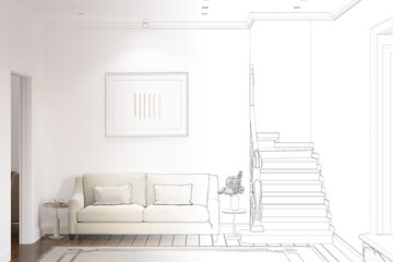 A sketch becomes a real classic interior with a horizontal poster above the sofa between the doorway and a wooden staircase, a wooden window, flowers in a vase on a coffee table. 3d render