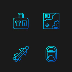 Set line Airplane window, Rocket, Suitcase and World travel map. Gradient color icons. Vector