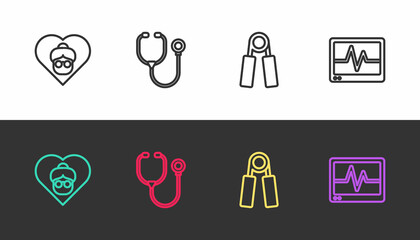 Set line Grandmother, Stethoscope, Sport expander and Monitor with cardiogram on black and white. Vector