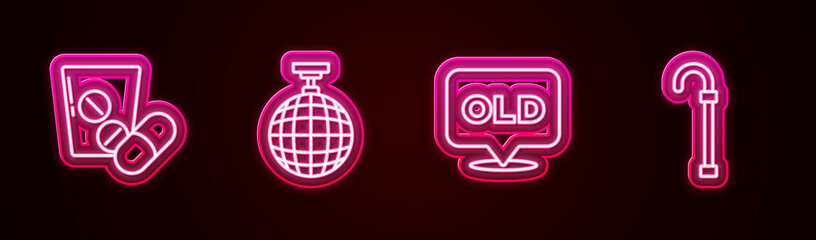 Set line Medicine pill or tablet, Disco ball, Nursing home and Walking stick cane. Glowing neon icon. Vector