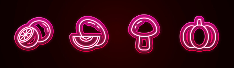 Set line Orange fruit, Melon, Mushroom and Pumpkin. Glowing neon icon. Vector