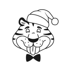 Teasing comic cartoon tiger head. Black and white outline. Wild cat shows tongue portrait isolated on white background. Happy smiling animal in Santa hat. Christmas holiday line vector illustration.